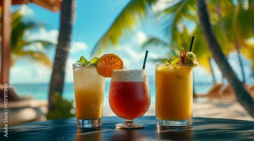 Refreshing tropical cocktails on a beachside table under a clear blue sky dur...