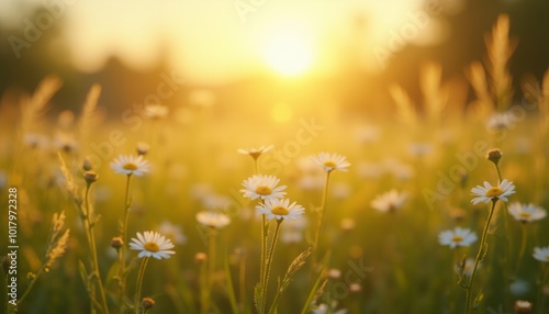 A serene field of daisies is illuminated by the soft glow of the sunrise, creating a peaceful and picturesque scene. The image captures the beauty of nature and the beginning of a new day.