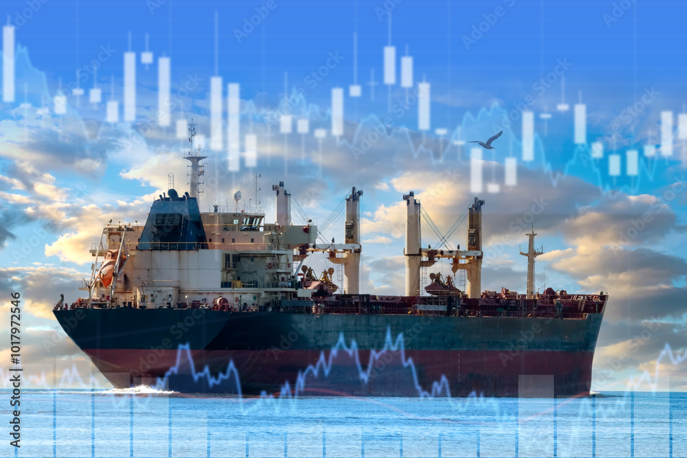 Fototapeta premium Bulk carrier sails in ocean. Cargo ship. Graphs of price fluctuations for ocean transportation. Bulk carrier for cargo delivery. Transport ship is sailing to port. Bulk carrier for coal delivery