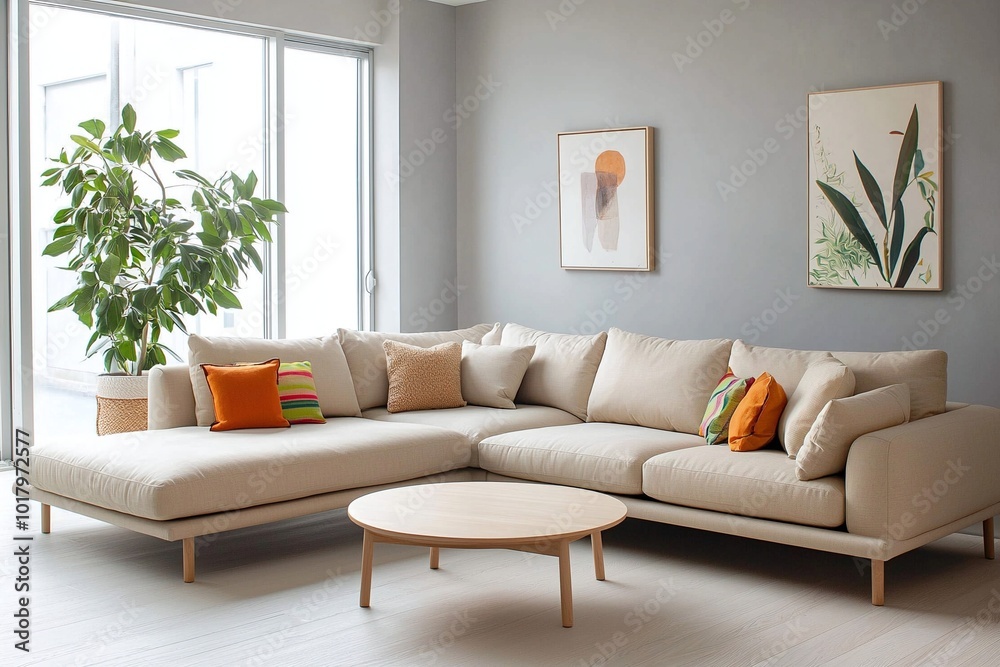 A modern Japani interior with minimalist, art fray hanging walls and a bright living room with a sofa and table. Generative AI
A modern Japani interior with minimalist, art fray hanging walls and a bright living room with a sofa and table. Generative AI