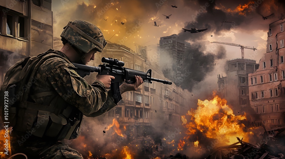 A soldier aims his rifle in a war-torn city. A soldier aims his rifle in a war-torn city.