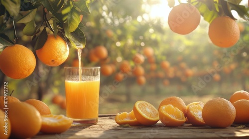 Freshly squeezed orange juice being poured into a glass among ripe oranges in...