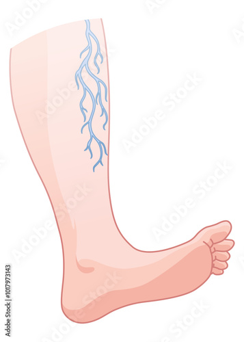 Varicose veins. Blue blood vessel visible through the skin, abnormally swollen leg. Vascular disease diagnostic and treatment. Venous insufficiency medical disease