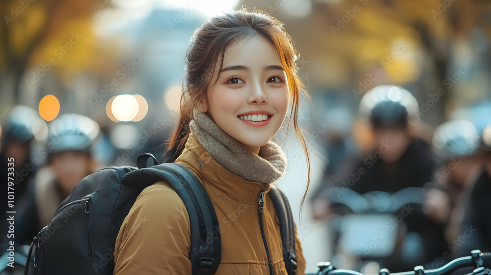 A smiling young woman in a cozy jacket, surrounded by cyclists.