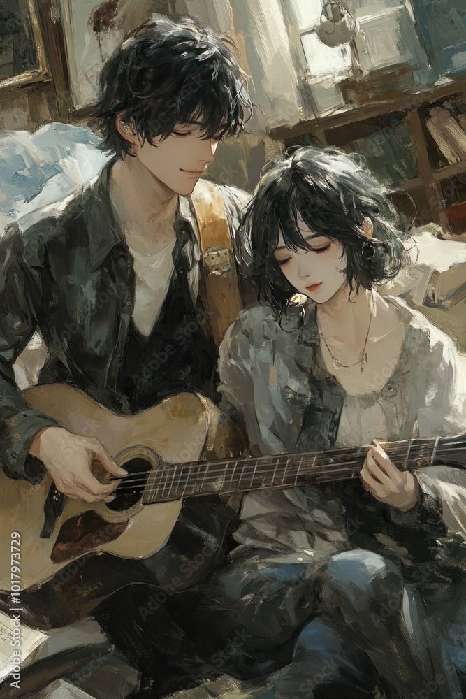 A couple sharing a moment while one plays guitar, evoking warmth and intimacy. A couple sharing a moment while one plays guitar, evoking warmth and intimacy.