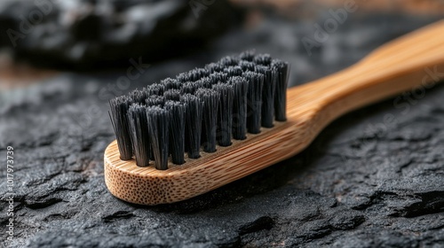 Bamboo toothbrush resting on a textured black stone surface in natural light