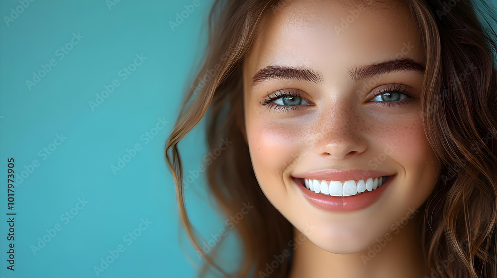 A smiling young woman with wavy hair against a blue background. A smiling young woman with wavy hair against a blue background.