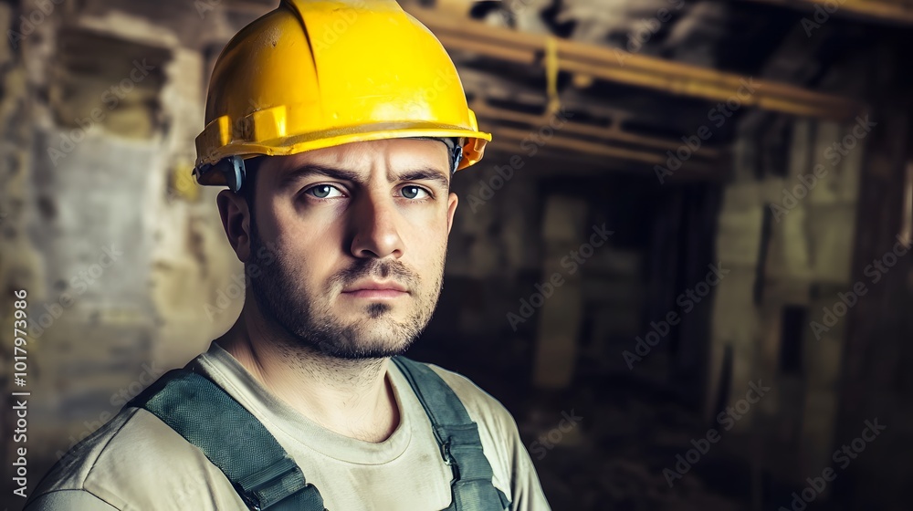 Construction worker in a hard hat looks intensely at the camera. Construction worker in a hard hat looks intensely at the camera.