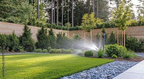 Sprinkler watering lush garden with vibrant greenery and landscaped rocks dur...