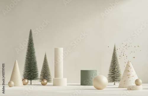 A minimalist display of festive trees and decorative ornaments for a serene h...