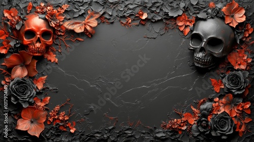 A spooky Halloween decoration featuring pumpkins, bats, and autumn leaves in ...