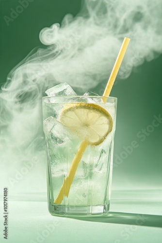 Refreshing lemon soda with ice and mist, served in a clear glass with a brigh...
