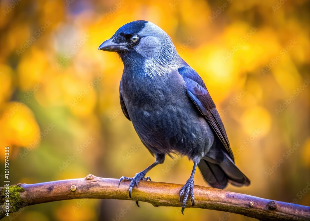 Majestic Jackdaw Perched on a Branch Against a Clear Sky Showcasing Its Distinctive Features Majestic Jackdaw Perched on a Branch Against a Clear Sky Showcasing Its Distinctive Features