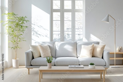 Minimalist, a modern japandi interior photo of a living room with windows and a view of the sofa and table. Generative AI
