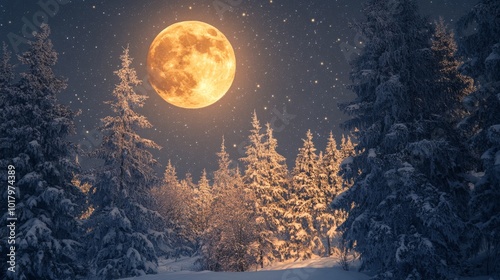A snowy winter night illuminated by a full moon over a tranquil forest landscape