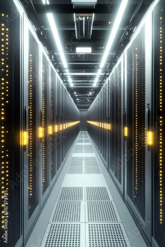 Modern data center corridor with illuminated racks and sleek design in a tech...