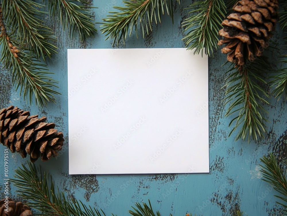 Holiday-themed blank card surrounded by pine branches and pine cones on a blue background Holiday-themed blank card surrounded by pine branches and pine cones on a blue background