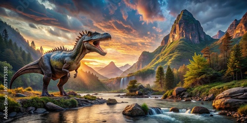 Fototapeta Naklejka Na Ścianę i Meble -  Majestic landscapes and ancient creatures of prehistoric times in a vibrant, natural environment