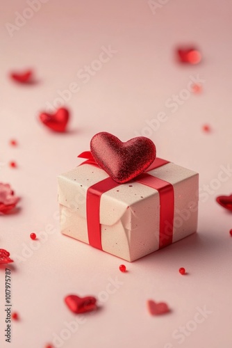 Romantic gift box decorated with a red heart on a soft pink background during...