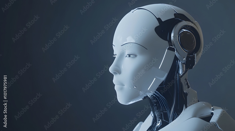 A female android with a neutral expression, looking to the side. A female android with a neutral expression, looking to the side.