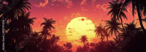 Vibrant sunset over tropical palm trees illuminating the evening sky with war...