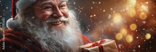 Joyful Santa Claus holds a beautifully wrapped gift against a festive, sparkl...
