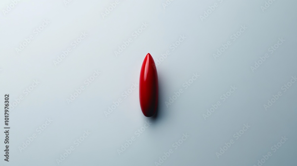 Fototapeta premium A single red lipstick bullet, slightly smeared, sits alone against a white background. There's plenty of empty space around it.