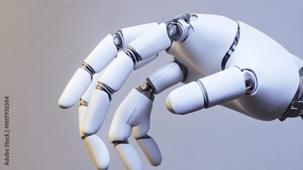 A close-up of a robotic hand, showcasing its intricate design.