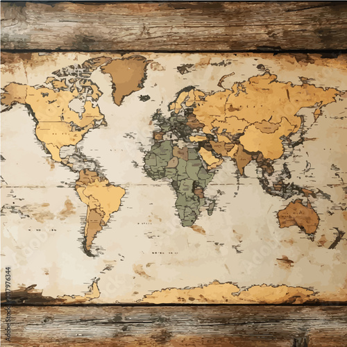 A vintage world map with rustic textures and a wooden frame, ideal for historical decor and geography-related designs.