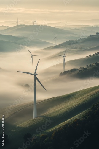 Wind turbines gracefully lined on misty hills during sunrise in an expansive ...