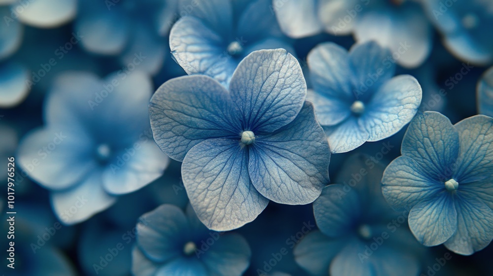 Delicate blue flowers bloom in a tranquil garden during the soft light of early morning Delicate blue flowers bloom in a tranquil garden during the soft light of early morning