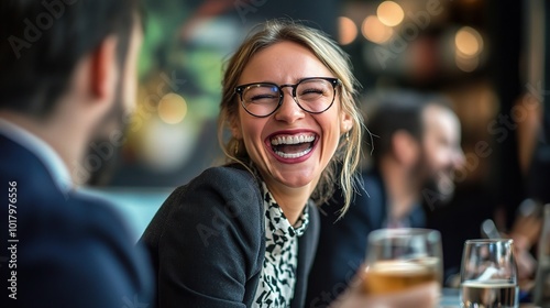 Joyful woman laughing in social gathering