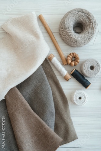 Artfully arranged soft fabrics and threads on wood for textile design inspira...