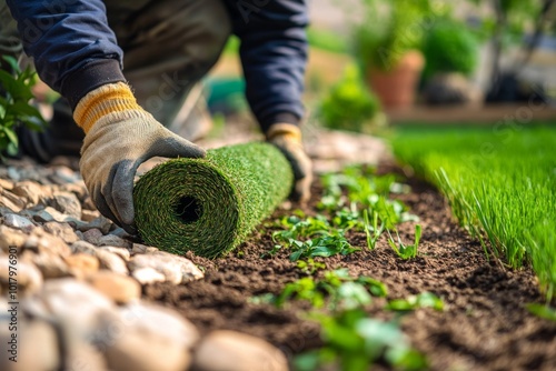 Laying fresh sod on a garden area with stepping stones during daylight hours