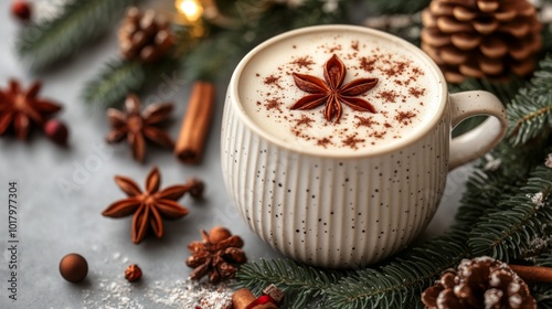 Warm cup of spiced beverage surrounded by winter decor and holiday elements o...