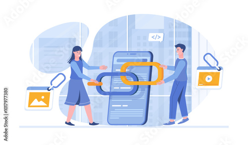Link building between website pages. Search engine optimization concept, SEO. People holding chain on bowser window. Vector illustration with characters in flat design for web banner.