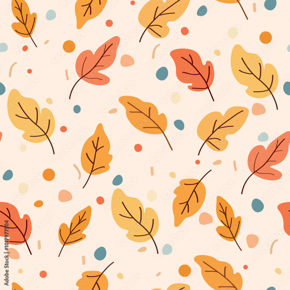 Obraz premium Vector seamless pattern with autumn leaves. Various yellow leaves with bubbles and spots randomly placed in the background. Flat style.