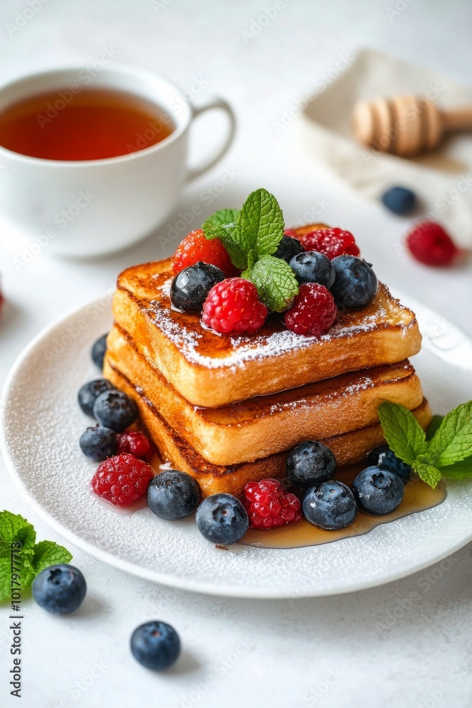 Delicious French toast topped with fresh berries and mint leaves served on a white plate Delicious French toast topped with fresh berries and mint leaves served on a white plate
