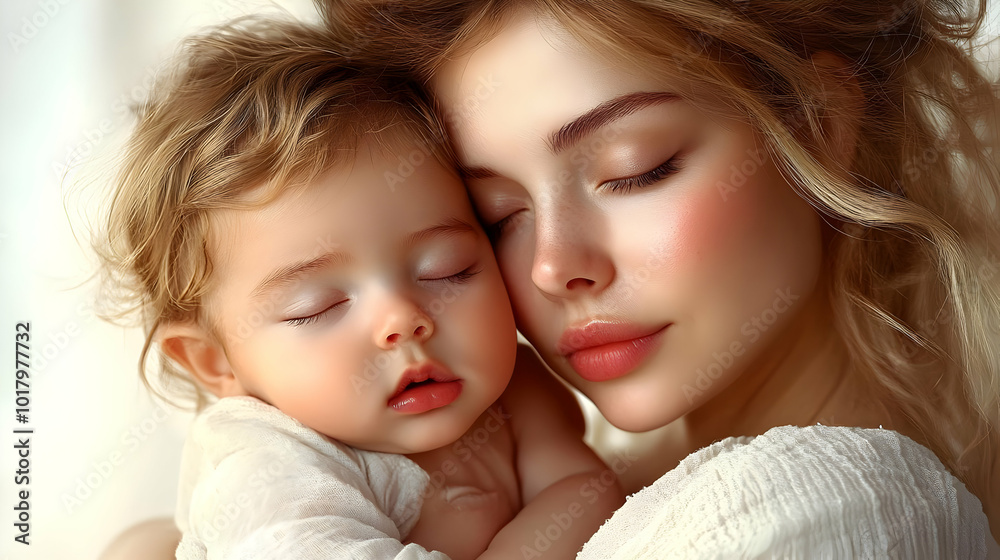 A tender moment between a mother and her sleeping baby. A tender moment between a mother and her sleeping baby.