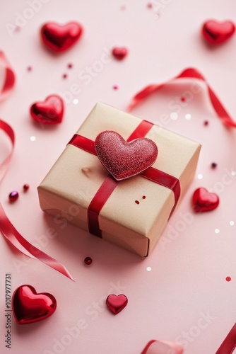Romantic gift box decorated with a red heart on a soft pink background during...