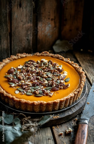 Delicious pumpkin pie with nuts and seeds on a rustic wooden table in autumn