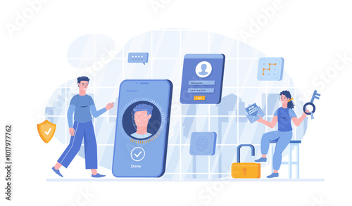 Two Factor Authentication and Identity Verification. Face, fingerprint recognition, pin pattern locking, user account password. Vector illustration with characters in flat design for web banner.
