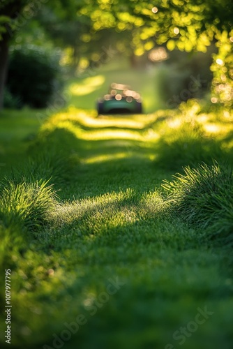 Lush green garden pathway with a lawn mower ready to trim the grass on a sunn...