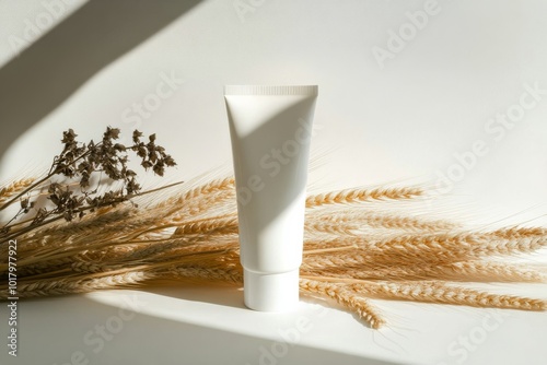 Minimalist skincare display with natural elements and soft lighting in a sere...