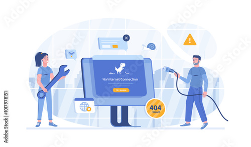 No Internet Connection. Web page not loading. Offline error, No Wi-Fi signal. The network cable is disconnected. Vector illustration with characters in flat design for web banner.