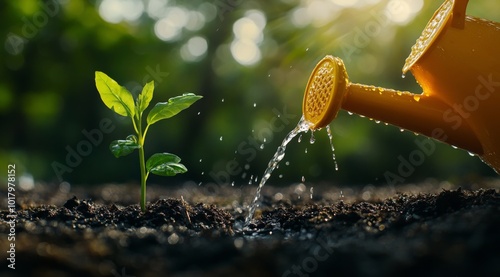 Watering a young plant in lush garden during golden hour for healthy growth a...