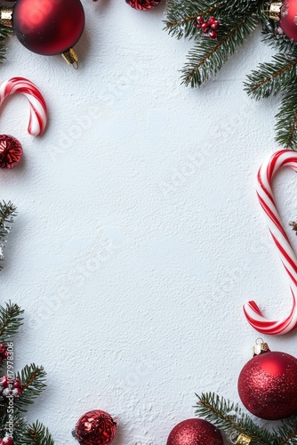 Festive holiday decor with red ornaments, candy canes, and evergreen branches
