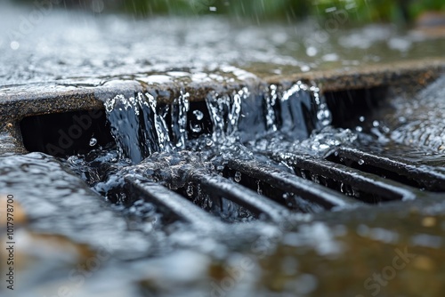 Storm Drain with Water Flowing on a Rainy Day