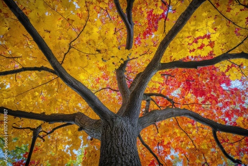 Vibrant autumn foliage showcased in a large maple tree under clear blue skies...