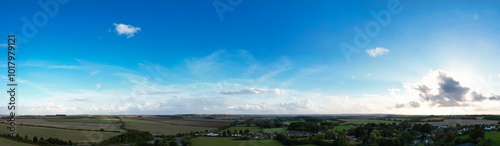 Aerial Panoramic View of British Agricultural Farms at Streatley Village and Countryside Landscape of Bedfordshire, England Great Britain of UK. Footage Captured with Drone Camera on October 7th 2024 photo